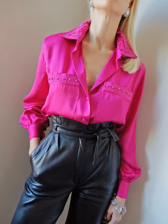 VINTAGE Designer-Luxury 90s Hot-Pink Beaded Satin