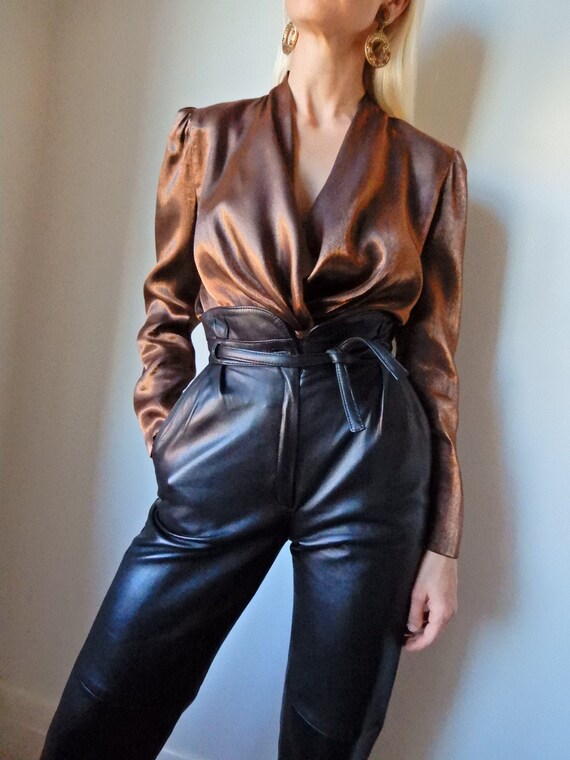 VINTAGE Designer-Luxury 80s Bronze Metallic Cowl-N