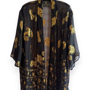 VINTAGE Luxury 80s 90s Sheer Black Gold Metallic Paisley Silk Kimono Blouse
