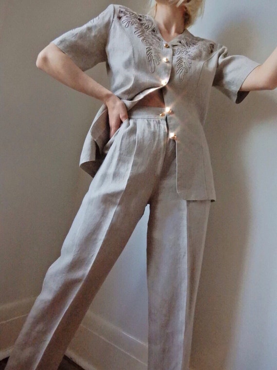 VINTAGE Chanel-Style 90s Cream/Beige Linen 2-Piece
