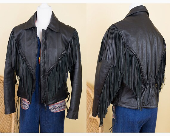Vintage 1980s Black Fringe Genuine Leather Jacket