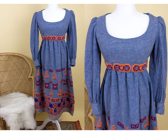 Vintage 1970s Embroidered Chambray Maxi Dress