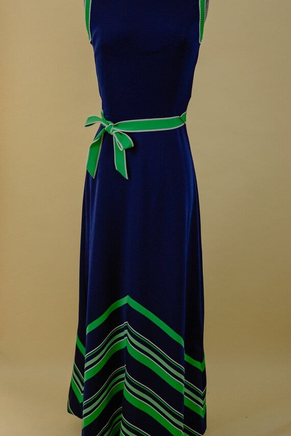 1960s Navy Blue and Green Maxi Dress// Mod// Striped … Gem