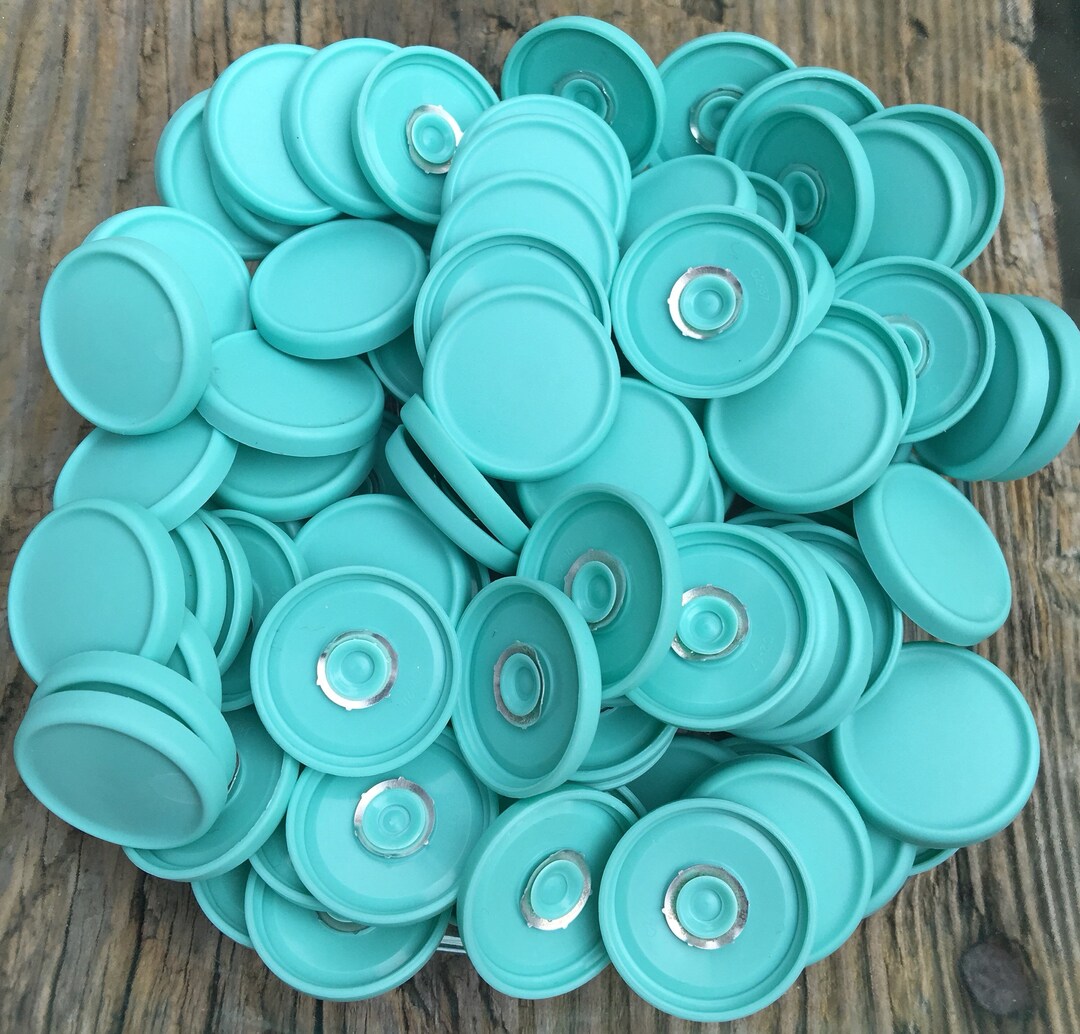 50 Vial Caps Medicine Flip off for Badge Reel Crafts Minty Baby Blue