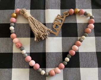 Valentine’s Day Farmhouse Wood beaded garland Love Decor prayer beads pink white gold wood