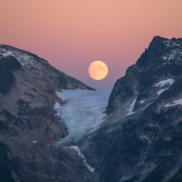 Full Moon Rising in the North Cascades, Mountains, Sunset, Washington State, United States, Wilderness, Nature, Landscape, Digital