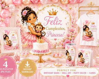 Spanish girl birthday 4 Feliz Cumpleaños art  Princesa Spanish Princess Birthday Signs Printable Birthday Party Decor (Digital Download) JPG