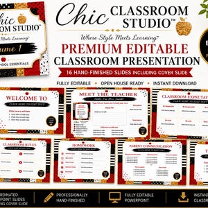 May include: A digital classroom presentation template set featuring sixteen editable slides with a red, black, white, and gold color scheme. The design includes text headers like Welcome To, Meet The Teacher, Classroom Expectations, and Homework.