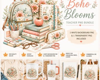 1 Boho Teacher PNG Clipart | Teacher Sublimation Design | Boho School Supplies | Teacher T-Shirt, Mug & Tote Bag Design | Instant Download
