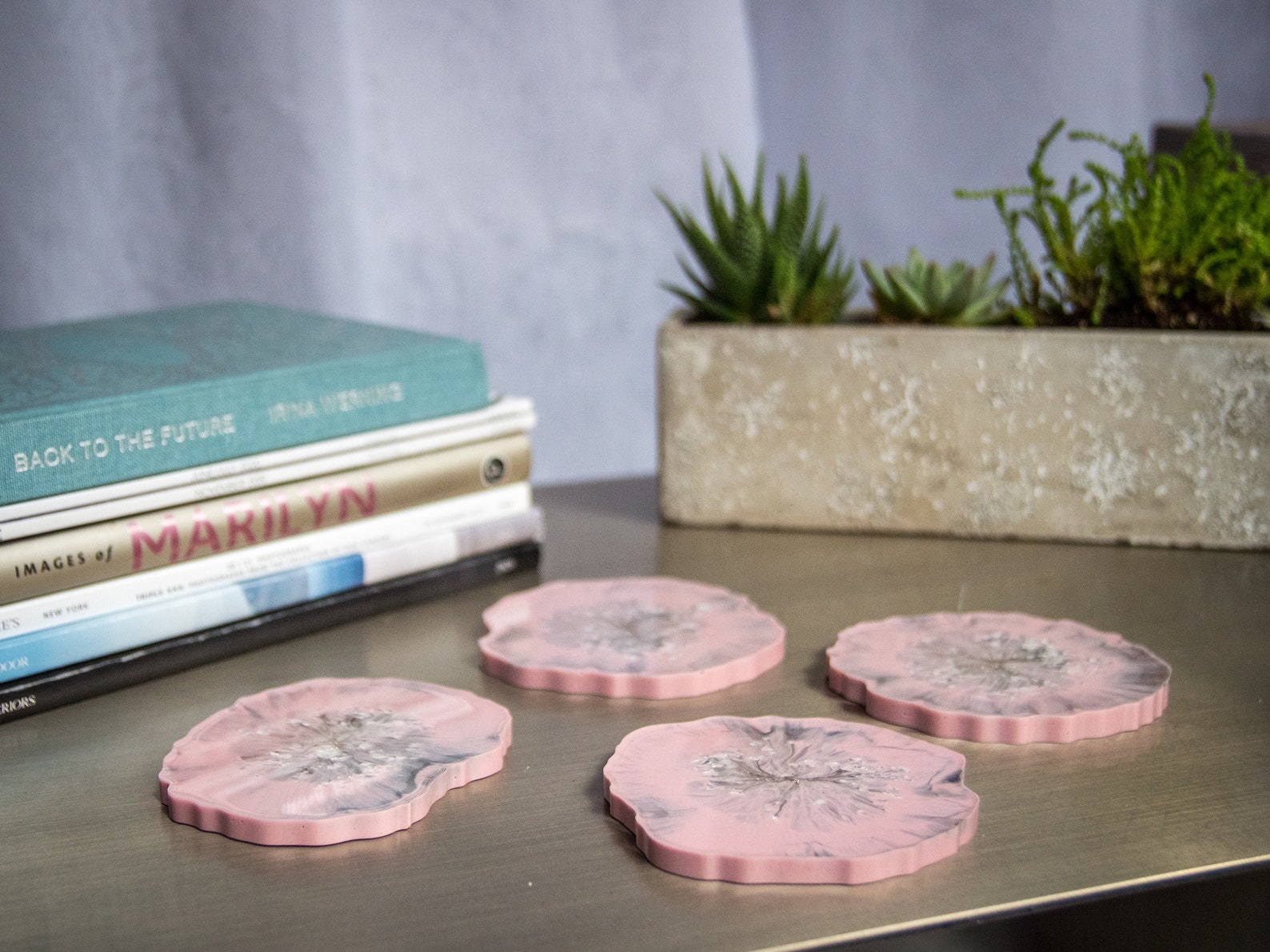 Resin Geode Coasters set of 4 Pink coasters with silver Etsy