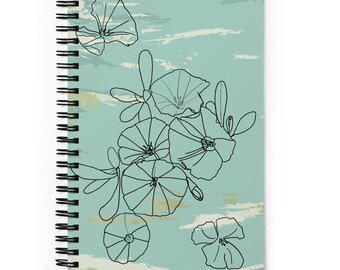 Dotted Journal, Spiral Notebook, "Morning Glory Line Drawing", Soft Cover, Grid Pages