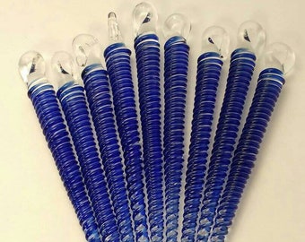 Hand blown glass icicle christmas ornament. Blue and clear colored.