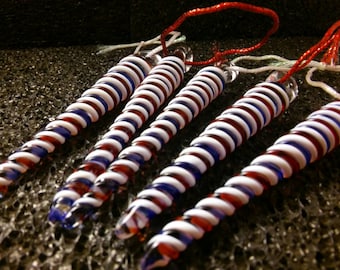 Hand blown glass icicle Christmas hanging ornament, red, white and blue colored!
