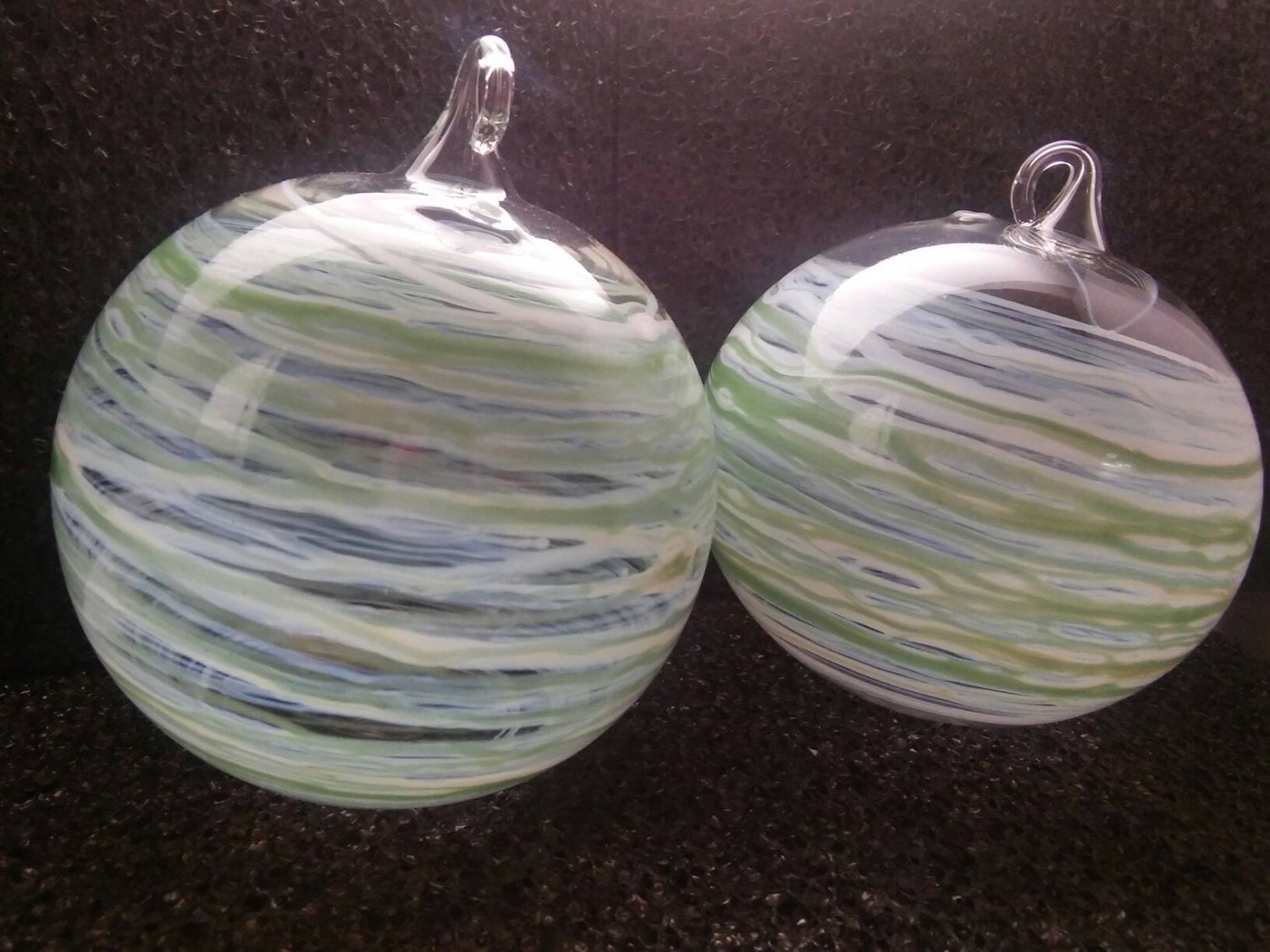 Green and White Hand Blown Glass Globe Hanging Ornament. Etsy