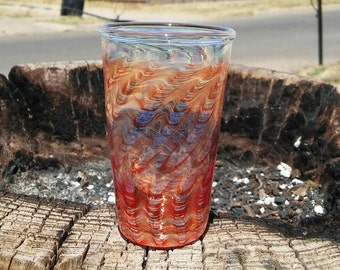 Hand Blown Glass Shot Glass: Red Ruby Carmel Wrap & Rake Design