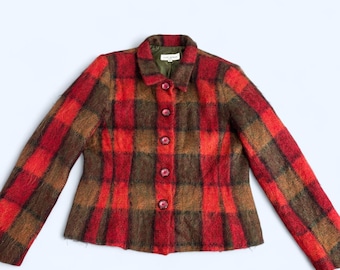 Anne Bowen Vintage Mohair Red Plaid Blazer Women’s Size 12 Made in USA 90s Fuzzy Jacket