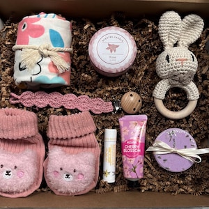 Baby Girl Gift Box: Bodysuit, Crochet Clip, Bunny Rattle, Socks