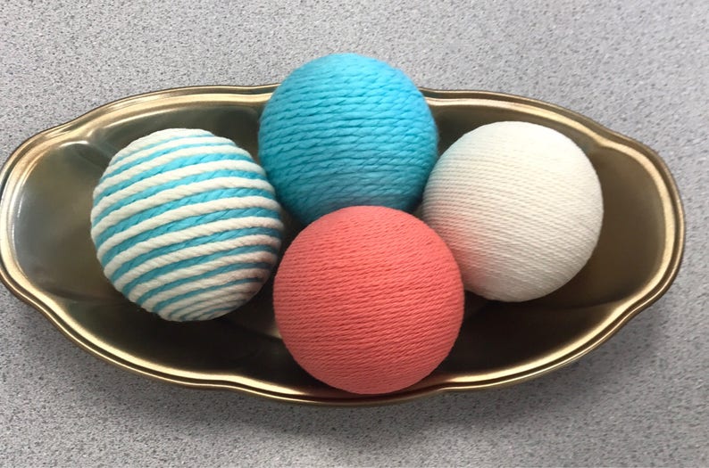 Decorative Yarn Balls Light Teal Coral And Off White Etsy