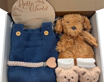 Baby Boy Gift Box • New Mom and Newborn Gift Set • Baby Shower Gift • Knit Romper, Lovey, Pacifier Clip & Socks
