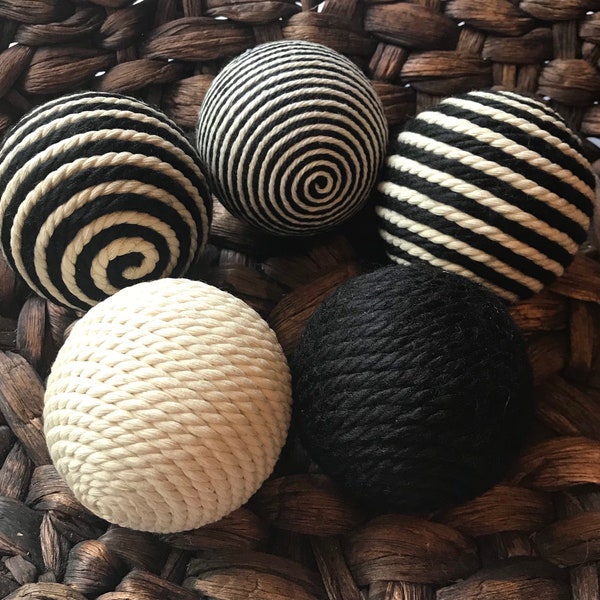 Black and Ivory Decorative Balls; Decorative Yarn Balls; Bowl Filler Balls; Vase Fillers