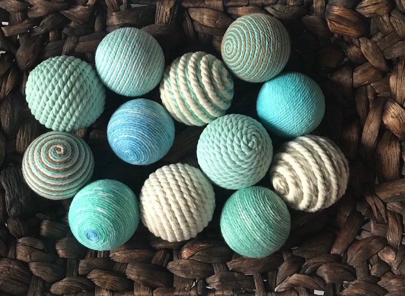Decorative Yarn Balls Tan Aqua Blue Green and Ivory Bowl