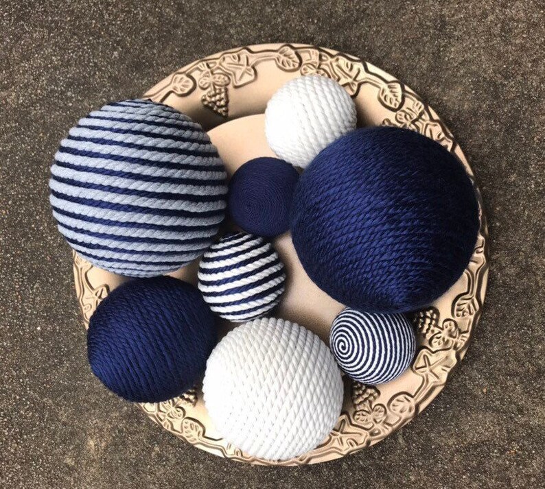 Navy Blue Gray and Cream Yarn Balls Bowl Filler Balls Vase Etsy