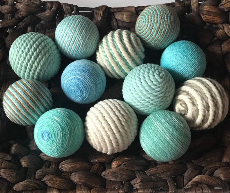 Decorative Yarn Balls Tan Aqua Blue Green and Ivory Bowl