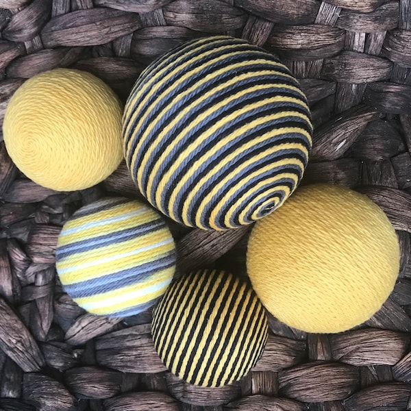 Decorative Yarn Balls; Black, Gray, and Yellow Decorative Balls; Deco Balls; Vase Fillers; Decorative Bowl Filler Balls