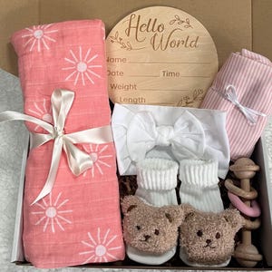 Baby Girl Gift Set: Muslin Swaddle, Onesie, Shoes, Rattle