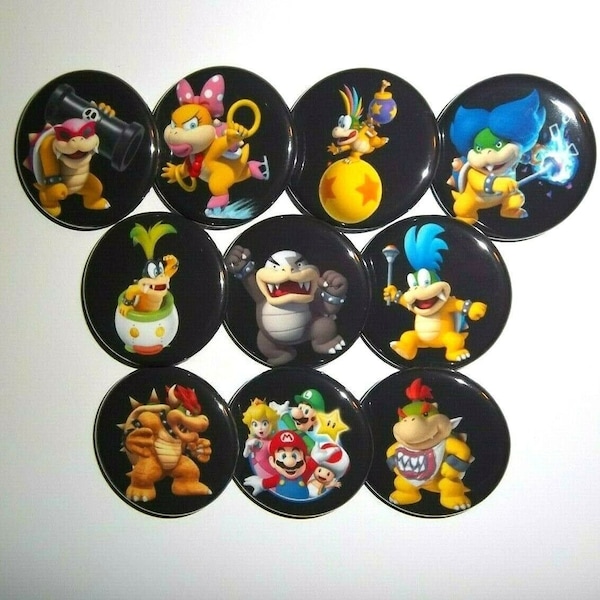 1.25"+2.25" Super Mario Bros. Inspired Pinback Buttons Set of 10 Mario Bowser, Iggy, Morton, Lemmy, Ludwig, Roy, Larry, Wendy, Koopalings