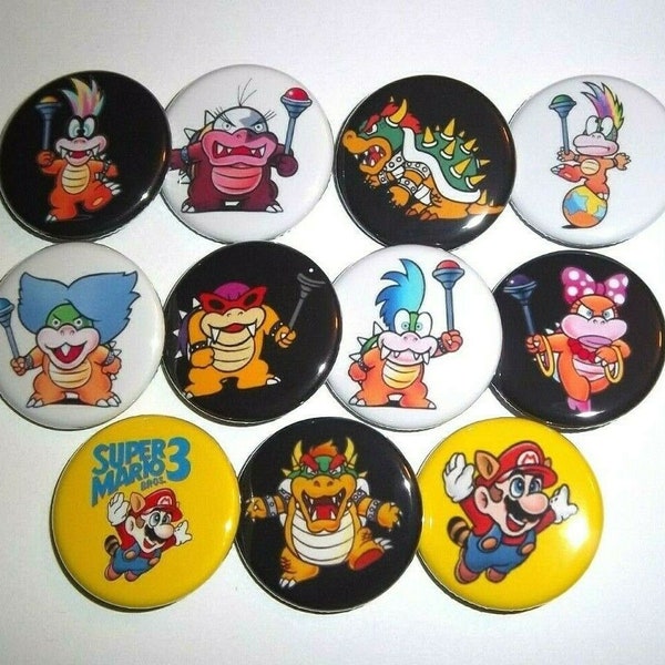 1.25"+2.25" Super Mario Bros. 3 Inspired Pins Buttons Set of 11, Mario, Iggy, Morton, Lemmy, Ludwig, Roy, Larry, Wendy, Koopalings