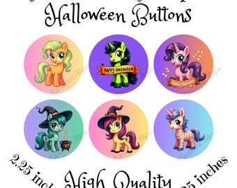 Può includere: Sei bottoni rotondi da 2,25 pollici con personaggi di My Little Pony vestiti con costumi di Halloween. I personaggi sono un pony verde con un cappello da strega, un pony rosa con un cappello da strega, un pony viola con un corno di unicorno, un pony verde con un cappello da strega, un pony giallo con un cappello da strega e un pony viola con un corno di unicorno. I bottoni sono stampati con grafica di alta qualità.