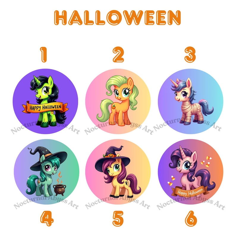 Pu&ograve; includere: Sei bottoni rotondi colorati con immagini di unicorni dei cartoni animati vestiti con costumi di Halloween. I bottoni sono numerati da 1 a 6. Gli unicorni indossano costumi come un cappello da strega, un costume da mummia e un costume da mostro verde. Il testo "Happy Halloween" appare su due dei bottoni.