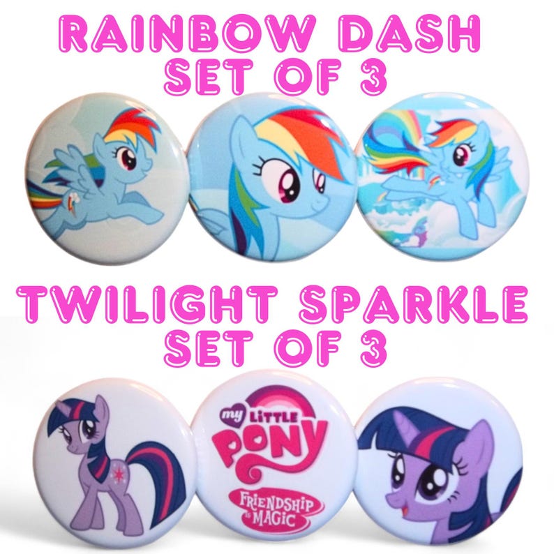 Pu&ograve; includere: Set di sei spille da 2,5 cm di diametro con i personaggi di My Little Pony, Rainbow Dash e Twilight Sparkle. Le spille di Rainbow Dash mostrano un pony blu con una criniera e una coda arcobaleno. Le spille di Twilight Sparkle mostrano un pony viola con una criniera e una coda rosa. Una spilla mostra il logo di My Little Pony.