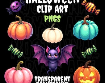 Può includere: Un'illustrazione digitale con clip art a tema Halloween. L'immagine include zucche arancioni, rosa e verde acqua, insieme a una lanterna sorridente, caramelle e un pipistrello viola. Il testo recita "Halloween Clip Art PNGs Transparent Background."