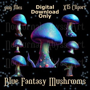Pacote de clipart de cogumelo azul com 15, 300 dpi, arquivos PNG, DOWNLOAD DIGITAL, criação de cartões, álbum de recortes, diário indesejado, artesanato em papel