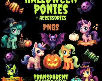 Può includere: Un set di illustrazioni di pony a tema Halloween con accessori. I pony sono in varie pose e hanno criniere e code di diversi colori. Gli accessori includono mais dolce, zucche, pipistrelli e un calderone. Il testo "Halloween Ponies + Accessories PNGs Transparent Background" è in fondo all'immagine.