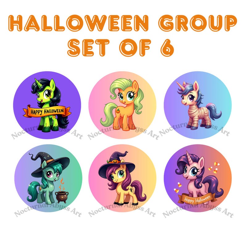 Pu&ograve; includere: Set di sei adesivi rotondi a tema Halloween con pony dei cartoni animati con criniere e code di diversi colori. I pony sono vestiti con costumi, tra cui una strega, una mummia e un unicorno. Gli adesivi hanno una finitura lucida e sono perfetti per aggiungere un tocco di fantasia alle tue decorazioni di Halloween.