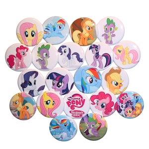 My Little Pony Friendship Is Magic 1.25&quot; Button Pins, Twilight Sparkle, Pinkie Pie, Rainbow Dash, Rarity, Fluttershy, Applejack, Spike