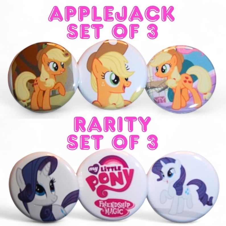 Pu&ograve; includere: Set di sei spille da balia da 2,5 cm di diametro con i personaggi di My Little Pony, Applejack e Rarity. Le spille di Applejack mostrano un pony giallo con un cappello marrone e una mela rossa sul fianco. Le spille di Rarity mostrano un pony con i capelli viola con una gemma blu sul fianco. Le spille hanno uno sfondo bianco e il testo "my little pony friendship magic" &egrave; stampato su una delle spille di Rarity.