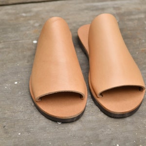 May include: A pair of tan leather open-toe sandals with a simple design.