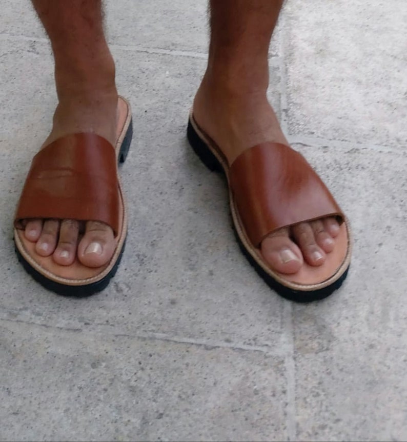 brown slip sandals