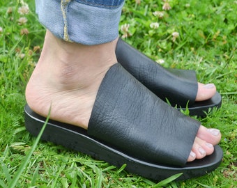 Black Leather Slippers, Summer Platforms,Summer Sandals,handmade sandals,summer flats,Black sandals