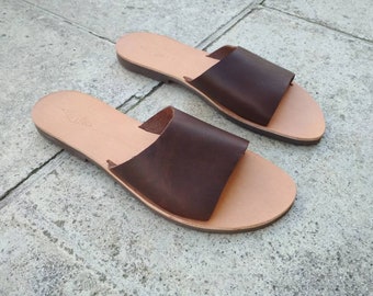 Leather slides sandals, dark brown summer shoes, gift for him