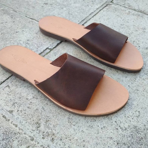 Leather slides sandals, dark brown summer shoes, gift for him