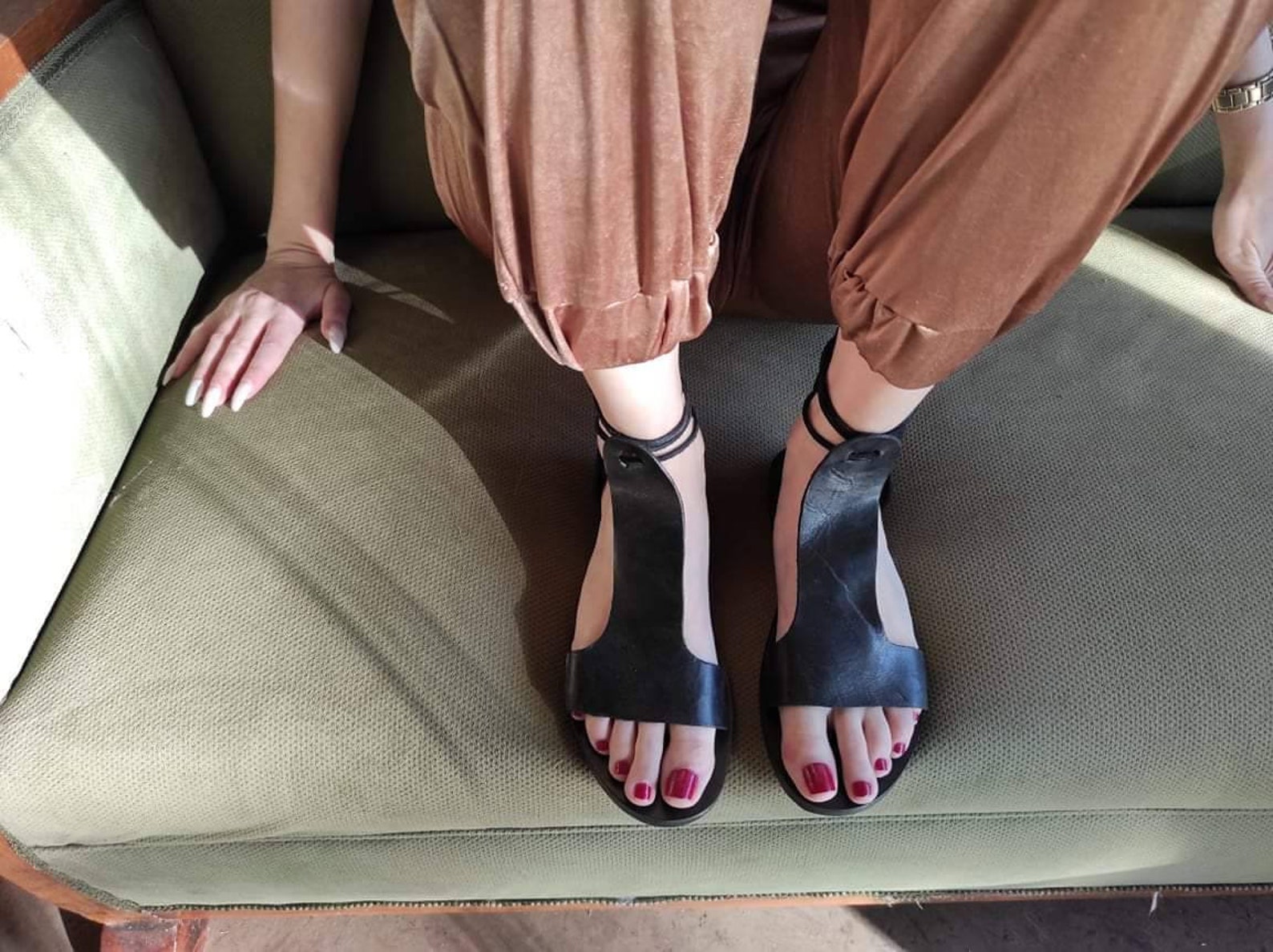 black leather slippers