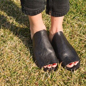 May include: A pair of black leather slip-on shoes with a pointed toe. The shoes have a textured leather upper and a simple design.