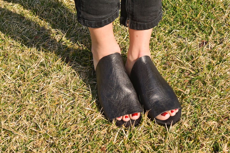 May include: A pair of black leather slip-on shoes with a pointed toe. The shoes have a textured leather upper and a simple design.