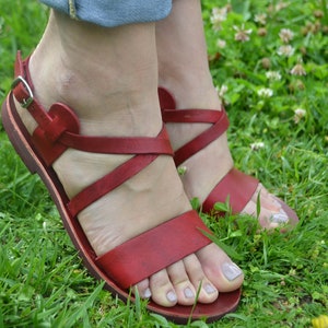 Red Leather Sandals, Summer Flats, Women Shoes,Handmade shoes, Greek Sandals image 6