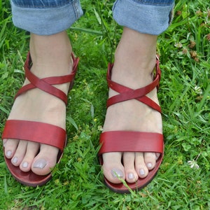 Red Leather Sandals, Summer Flats, Women Shoes,Handmade shoes, Greek Sandals image 3